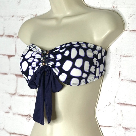 ST. JOHN Pebble Size 6 Bandeau & Halter Tie Embellished Swim Top Navy & White - Picture 9 of 15